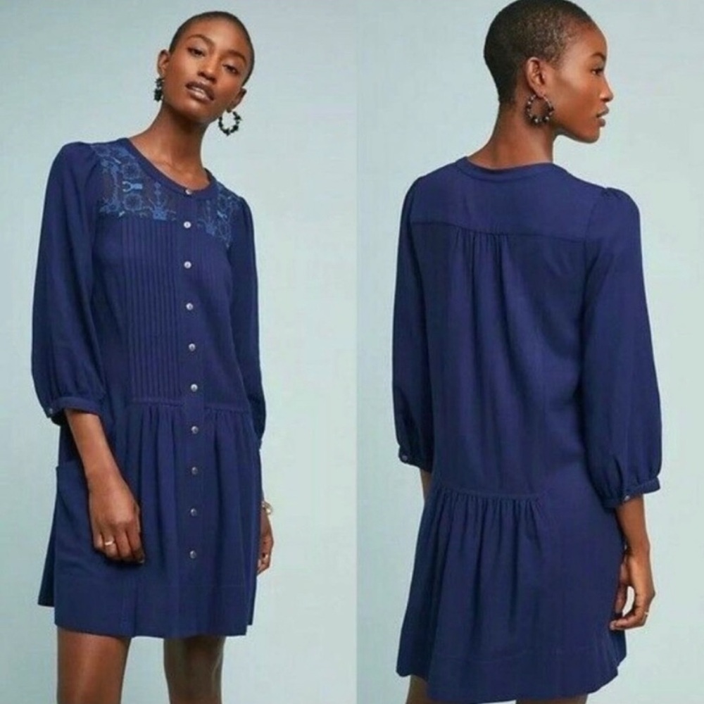 Anthropologie Crossstitch Embroidered Navy Button Down Dress